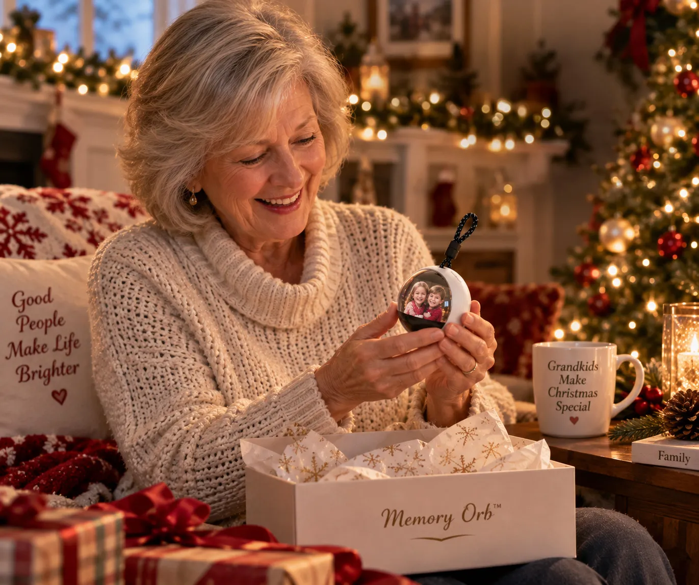 Grandmother holding a Memory Orb with a family photo