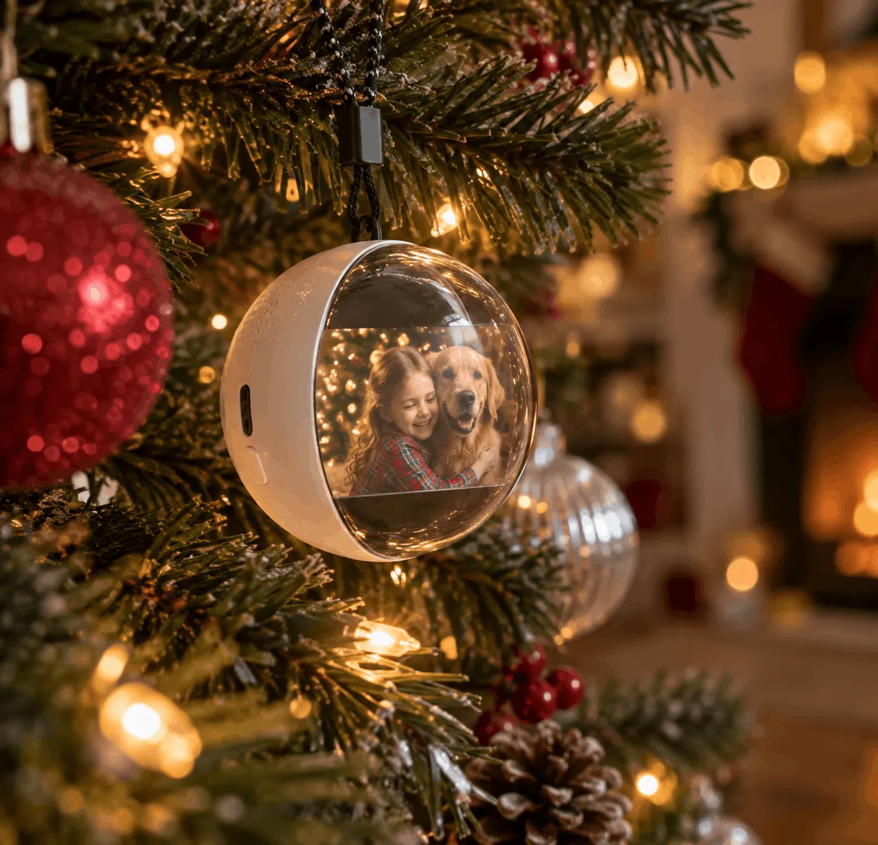Memory Orb as a Christmas gift next to holiday decorations